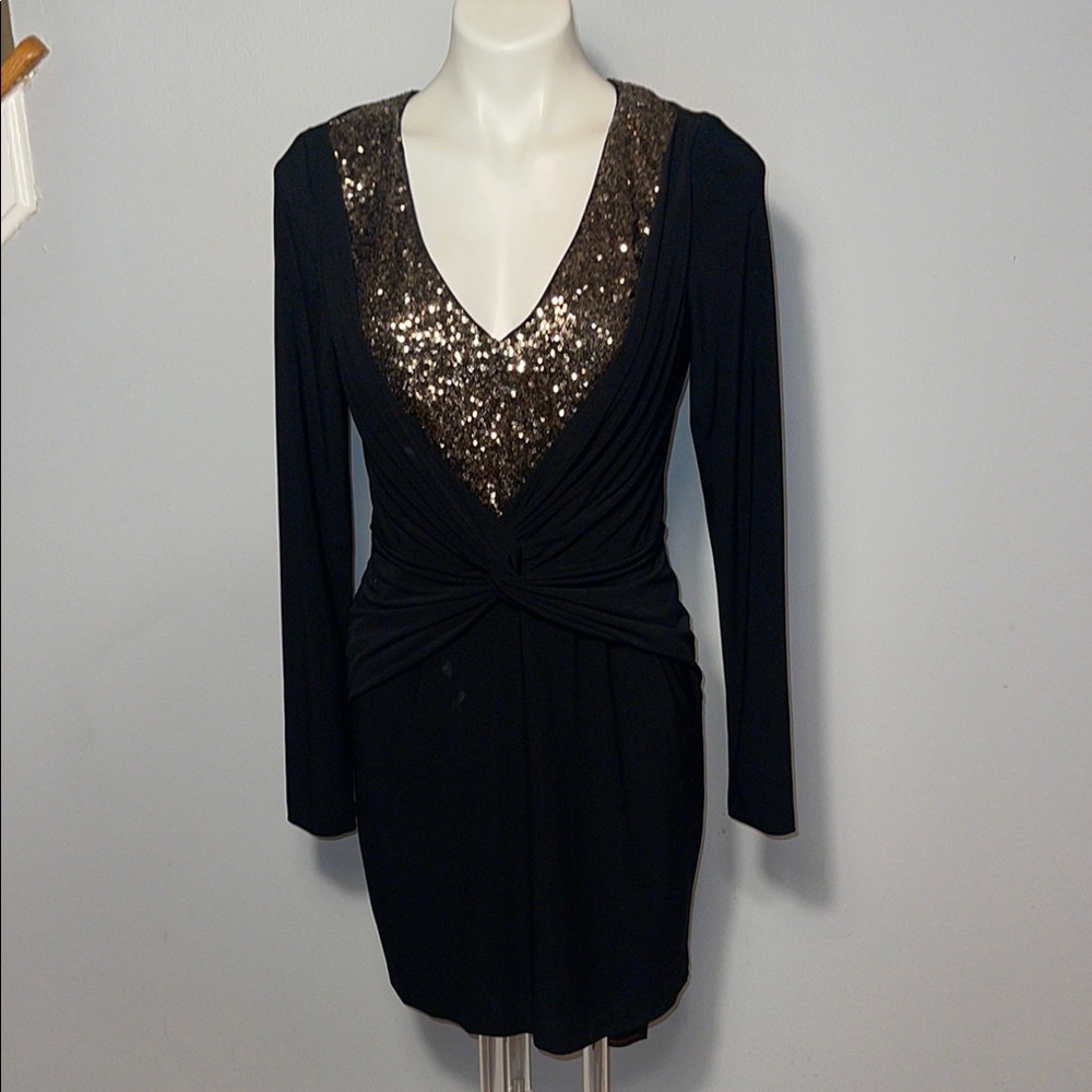 Mark & James for Badgley Mischka black Bodycon Dress with gold sequins. Large.